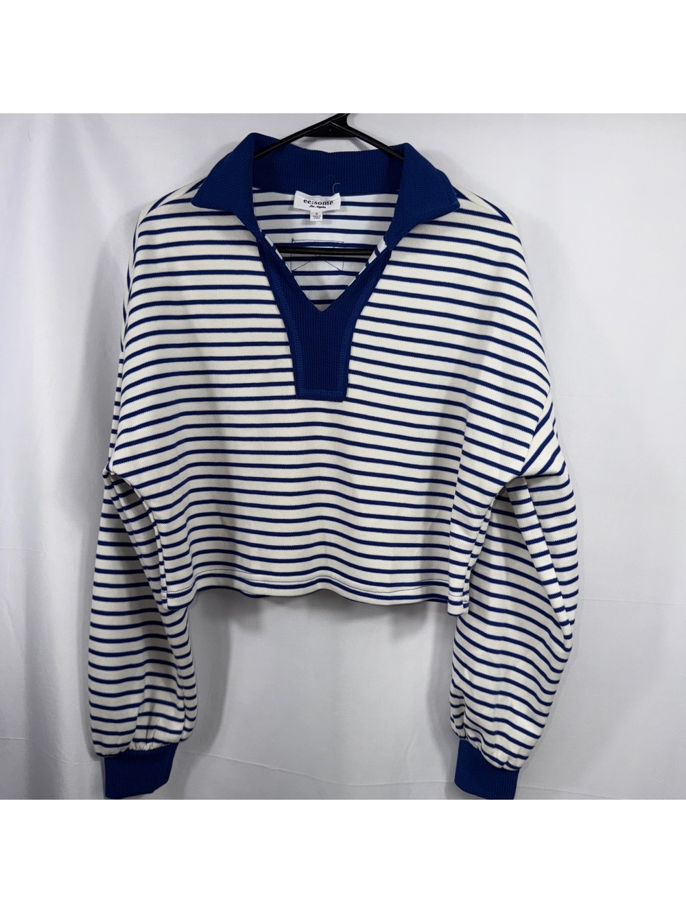 ee:some Los Angeles Striped Cropped Polo Sweater Small Blue Ivory - Picture 1 of 9